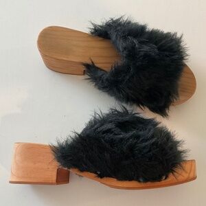 Faux Fur Wood Clogs Black Made in Spain Size EU 38
